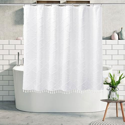 Boho White Woven Fabric Short Shower Curtain with Tassels 72 x 66 Modern Farmhouse Minimalist Tufted Chevron Striped Shabby Chic Textured, Water Resistant Curtain for Bathroom, Hotel Decor
