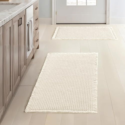 MIULEE Set of 2 Waffle Bathroom Rugs Boho Bath Mat Cream White 17x24 Inch