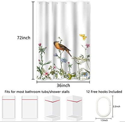 AWERT Small Half Size Stall Shower Curtain with 6 Hooks Funny Bird Shower Stall Curtain for Bathroom/RV and Camper (Bird) 36x72 inch