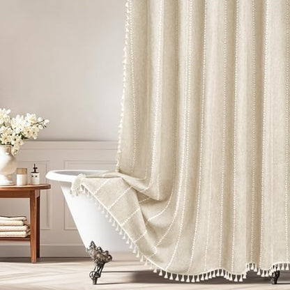Seenus Boho Farmhouse Beige Linen Textured Shower Curtain, 72 x 84 Inch Extra Long Soft Fabric Shower Curtain Heavyweight with Tassels, Cream White Striped Bathroom Décor Curtain Water Repellent