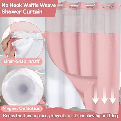 Conbo Mio Extra Long No Hook Waffle Weave Shower Curtain with Snap in Liner Set, Hotel Luxury Pink Shower Curtains for Bathroom with See Through Top Window, Waterproof, Washable 71W x 84H