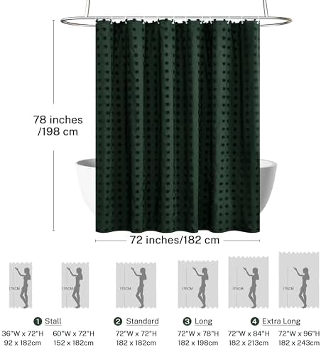 Extra Long Boho Farmhouse Woven Fabric Dark Green Shower Curtain, 72 x 78 Tufted Pleat Floral Puffs Textured Modern Farmhouse Minimalist Hunter Green Shower Curtain for Bathroom