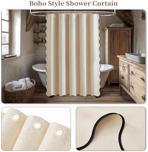 BTTN Boho Scalloped Linen Textured Cloth Shower Curtain, 60x84, Beige/Cream