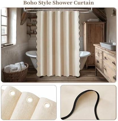 BTTN Boho Scalloped Linen Textured Cloth Shower Curtain, 60x84, Beige/Cream