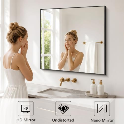 DESBING 36" x 36" Bathroom Mirror, Black Metal Frame Wall Mirror
