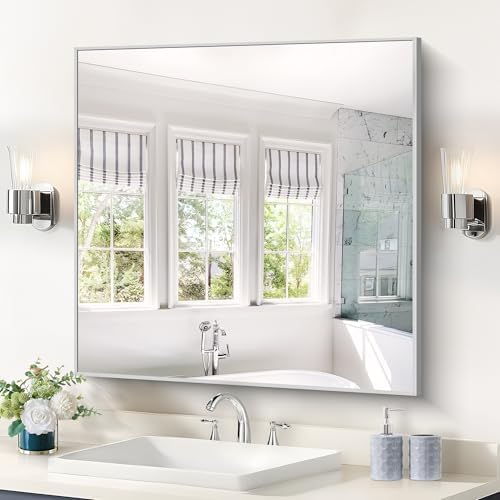 COFENY Silver Bathroom Mirror for Wall, 30x30 Inch Square Mirrors with Metal Frame, Modern Vanity Wall Mirror Decor for Bathroom Sink, Living Room, Entryway Hangs Horizontal or Vertical