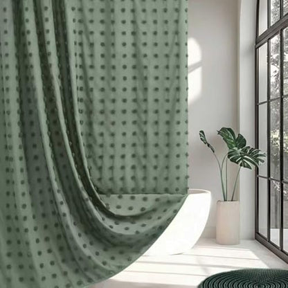 Siiluminisoy Extra Long Green Boho Shower Curtain Woven Fabric Cute Shower Curtain, 72 x 96 Tufted Pleat Floral Puffs Textured Modern Farmhouse Minimalist Shower Curtain Set with Hooks for Bathroom