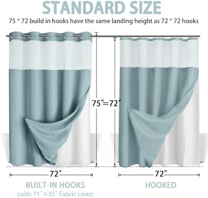 No Hook Shower Curtain with Liner Set Hotel Waffle Curtain Cyan 72W X 75L