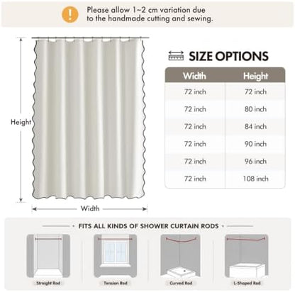 ANRODUO White Scalloped Linen Textured Shower Curtain, W72 x L90