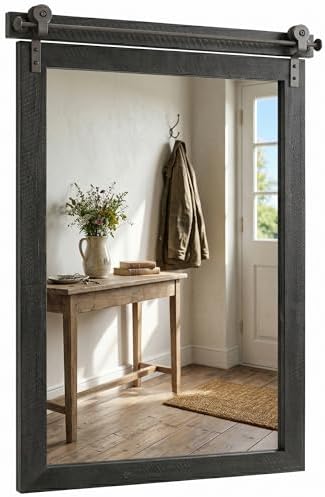 24"x36" Black Wood Grain Barn Door Vanity Mirror with Wood Header