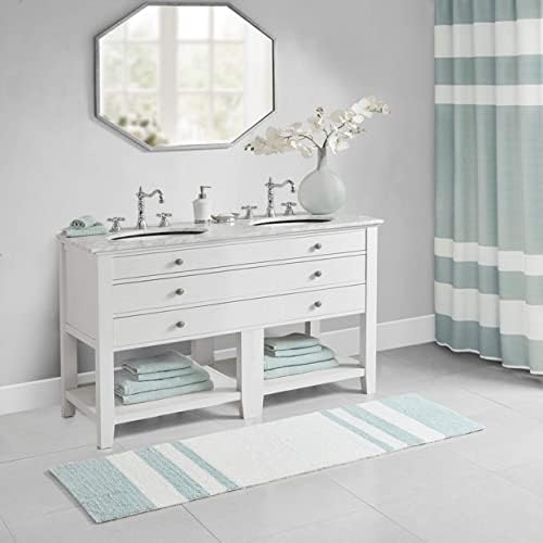 Madison Park Spa Cotton Bath Rug Non-Slip Absorbent Striped, 24 x 72, Aqua