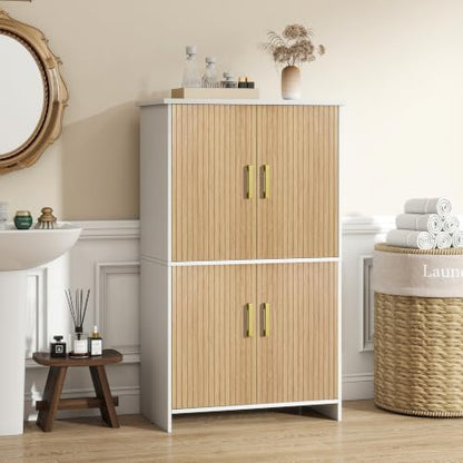 Bathroom Storage Cabinet, Floor Cabinet with 4 Fluted Doors and 2 Adjustable Shelves Wooden Tall Freestanding Organizers and Storage,White