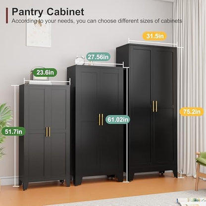 Winiowa Metal Pantry Cabinet with 2 Doors and Adjustable Shelves, 61"Kitchen Storage Cabinet with Gold Handles, Versatile Storage for Laundry, Living, Bathroom, Dining, Utility Room - Black