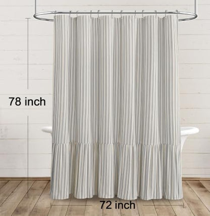Farmhouse Shower Curtain Ruffle Linen Cream-Grey Stripe 72"W x 78"L