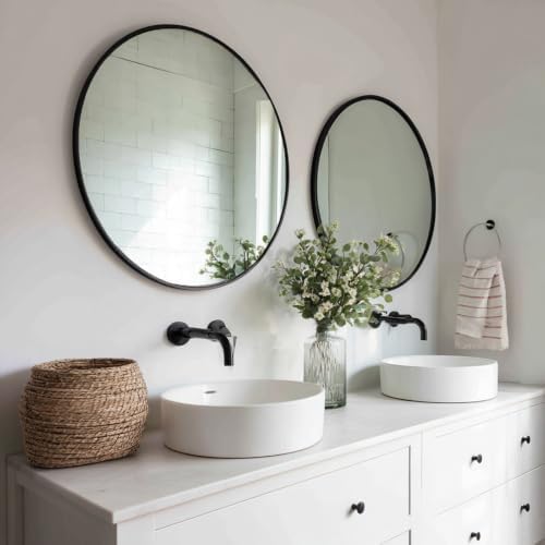 Sunniry Black Circle Mirror 28 inch, 2 Pack Round Mirror, Matte Metal Frame