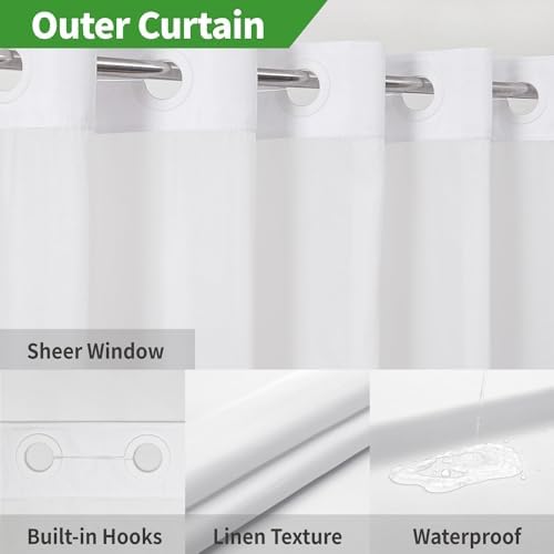 eachope No Hook Linen Texture Shower Curtain with Snap-in Liner,71x86 White