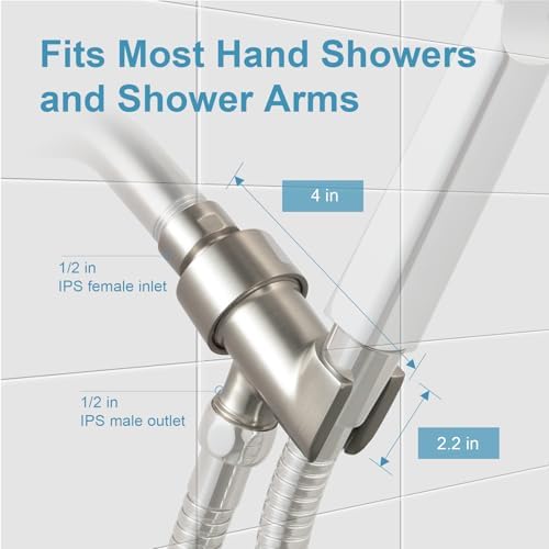 OFFO Shower Head Holder All Metal for Handheld Shower Head, Brushed Nickel Adjustable Shower Arm Mount with Solid Brass Pivot Ball, 1/2 in IPS Female Inlet and Male Outlet