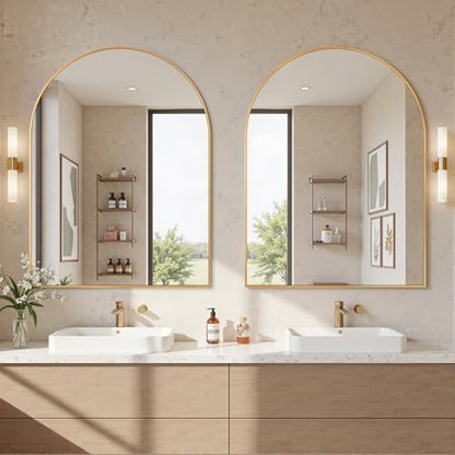 Antok Arched Bathroom Mirror, 30"x40" Wall Mounted Mirror, Vanity Mirrors for Over Sink, Aluminum Alloy Frame Bathroom Mirrors Living Room, Bedroom and Entryway, Gold