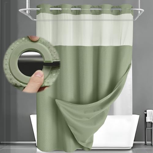 No Hook Shower Curtain with Liner Set Hotel Waffle Sage Green 72W X 81L