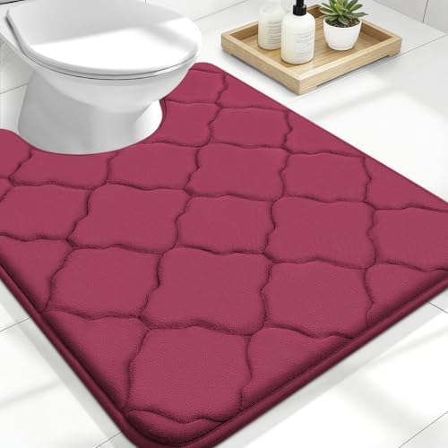 OLANLY Memory Foam Toilet Rugs U-Shaped 24x20, Ultra Soft and Absorbent Bathroom Rugs, Non-Slip, Comfortable, Machine Washable Contour Bath Mat for Toilet Base, Home Decor Accessories, Burgundy | Thick Absorbent Carpet, Non-Slip Backing, Machine Washab...