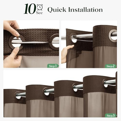 Dynamene Brown Hook Free Waffle Shower Curtain & Snap-in Fabric Liner,72x99