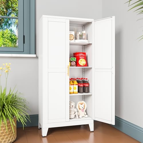 winiowa Metal Pantry Cabinet with 2 Doors and Adjustable Shelves, Kitchen Storage cabinets with Gold Handles, Versatile Storage for Laundry/Living Room,Bathroom,Dinning Room-White