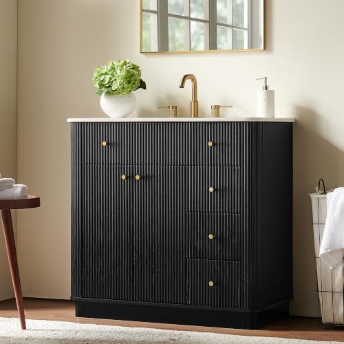 T4TREAM 36" Fluted Bathroom Vanity with Single Sink, Black Oak