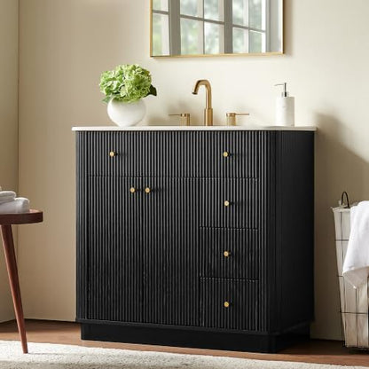 T4TREAM 36" Fluted Bathroom Vanity with Single Sink, Black Oak