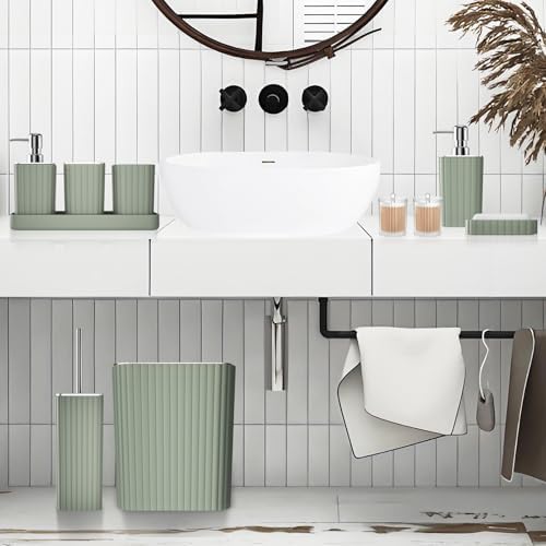 XLHOMO Bathroom Accessories Set - Gorgeous Sage Green Bathroom Set, 10PC Bathroom Accessory Set, Toilet Brush, Trash Can, Qtip Holder Dispenser & Soap Dispenser