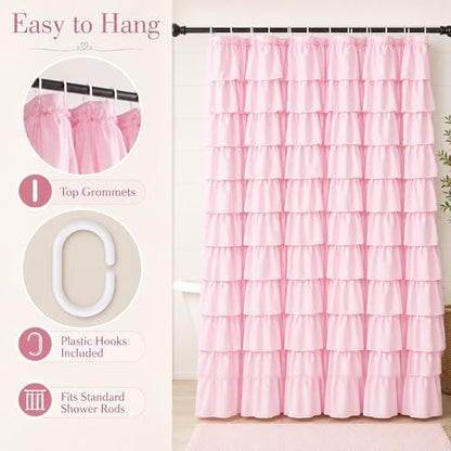 Pink Ruffle Shower Curtain for Master Bathroom, 72 x 84, Ruffled Layered
