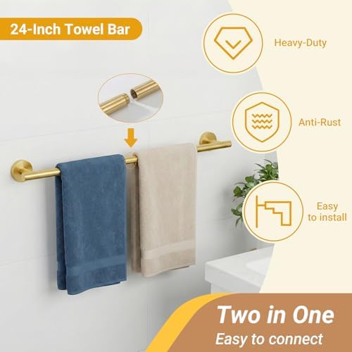 5 Piece Brushed Gold Bathroom Hardware Set, 24 Inch Bathroom Hardware Set Towel Racks for Bathroom, SUS304 Stainless Steel Wall Mounted Bath Towel Bar Set