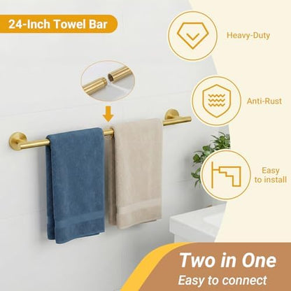 5 Piece Brushed Gold Bathroom Hardware Set, 24 Inch Bathroom Hardware Set Towel Racks for Bathroom, SUS304 Stainless Steel Wall Mounted Bath Towel Bar Set