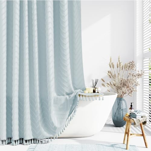 Dynamene Long Boho Farmhouse Shower Curtain Tufted Chevron 72x78 Fog Blue