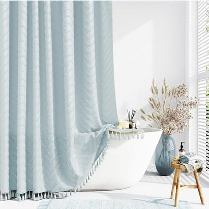 Dynamene Long Boho Farmhouse Shower Curtain Tufted Chevron 72x78 Fog Blue