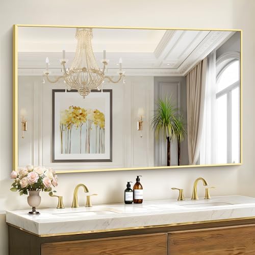 COFENY Gold Bathroom Mirror for Wall, 60x36 Inch Rectangle Mirrors with Metal Frame, Modern Vanity Wall Mirror Decor for Bathroom Living Room, Entryway Hangs Horizontal or Vertical