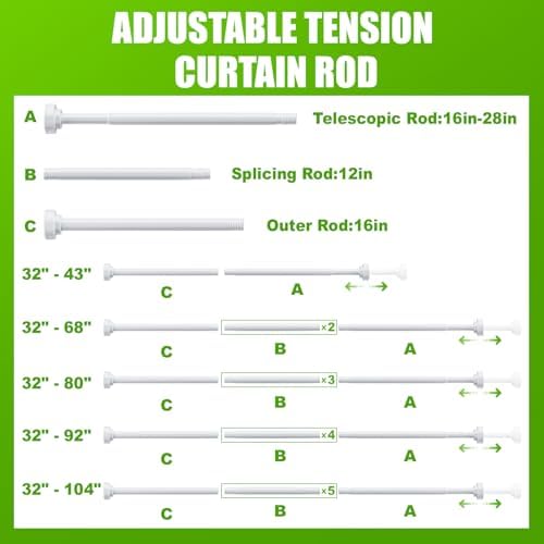 Ausemku Shower Curtain Rod - 32-92 Inch Rustproof Tension Rod, Non-Slip Spring Design, No Drilling Adjustable Curtain Rod for Bathroom, Kitchen, and Closet（White）