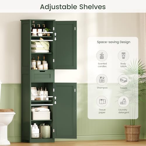 Iwell Tall Bathroom Storage Cabinet with 2 Doors & 1 Drawer, Narrow Storage Cabinet with Adjustable Shelves, for Living Room, Bathroom, Kitchen, Forest Green