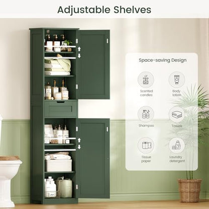 Iwell Tall Bathroom Storage Cabinet with 2 Doors & 1 Drawer, Narrow Storage Cabinet with Adjustable Shelves, for Living Room, Bathroom, Kitchen, Forest Green