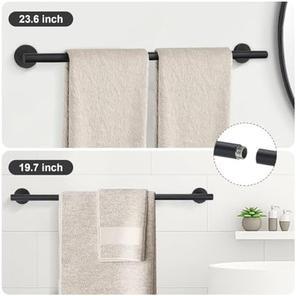 TURS Matte Black 8 Pieces Bathroom Hardware Set, SUS304 Stainless Steel 24 Inch and 20 Inch Bath Towel Bar Set, Round Bathroom Accessories Kit Wall Mounted Towel Holder