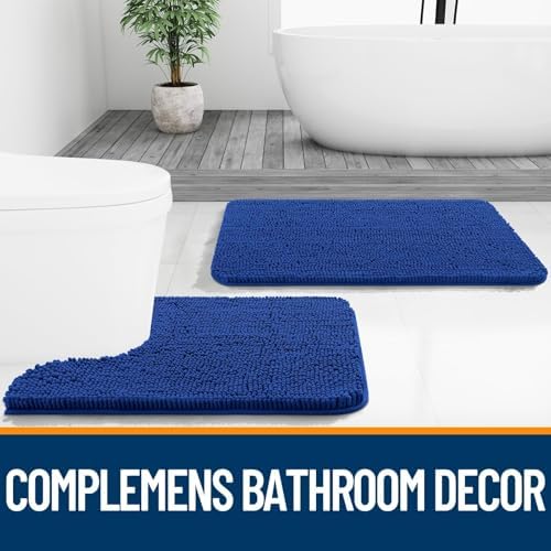 OLANLY Chenille Bathroom Rugs Mats Set 2 Piece, 47"x20"+30"x20", Royal Blue
