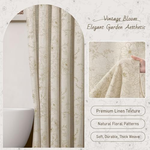 Farmhouse Floral Vintage Shower Curtain for Bathroom, Beige Embroidered