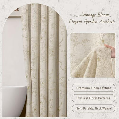 Farmhouse Floral Vintage Shower Curtain for Bathroom, Beige Embroidered