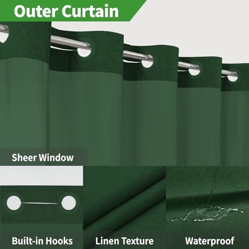 eachope No Hook Fabric Shower Curtain with Snap-in Liner,71x74Emerald Green