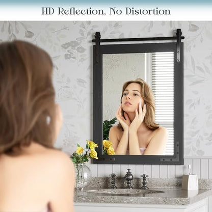 Farmhouse Mirror for Bathroom, 24"x36" Black Farmhouse Mirror with Rustic Wood Framed, Barn Door Vanity Mirrors for Wall, Vintage Decorative Mirrors for Entryway,Living Room,Bedroom