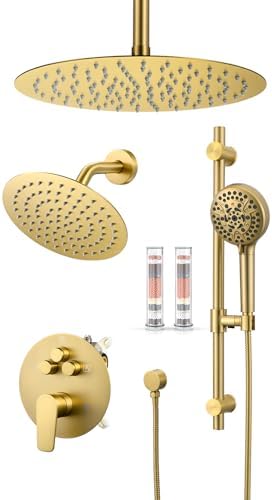 Woindo Shower Faucet Set with Slide Bar, 12" Rain Shower Head/8'' Side Shower Head and 10 Setting Handheld Ceiling Mount 3 Push Button Diverter Complete Rainfall Shower System Included Valve Trim Kit