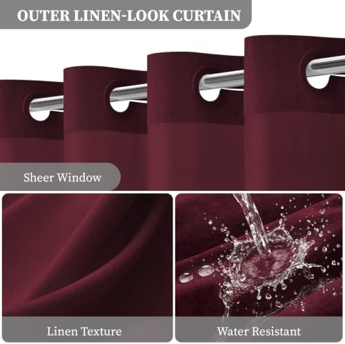 BTTN Burgundy Ringless Linen Look Shower Curtain with Snap in Liner, 72x75