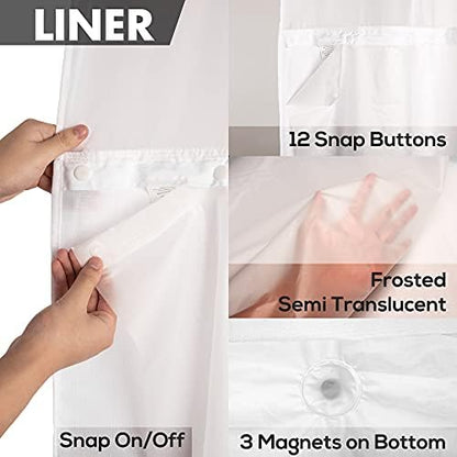 River Dream Extra Long No Hook Shower Curtain with Snap-in Liner, White