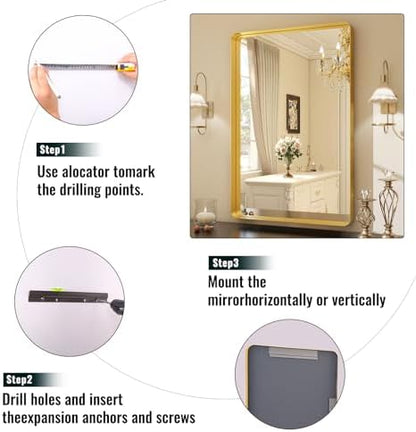 Easly 30 x 22 Inch Gold Bathroom Mirror for Wall,Aluminum Alloy Frame Rectangular Wall Mounted Mirror for Farmhouse Decor Horizontal or Vertical Ideal for Bedroom, Living Room