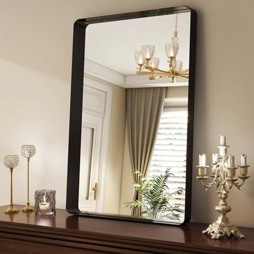 36x24 Inch Black Bathroom Mirror - Modern Black Rectangle Mirror for Wall with Rounded Corners, Bathroom Mirrors for Vanity, Aluminum Alloy Framed Mirror Hangs Horizontally or Vertically