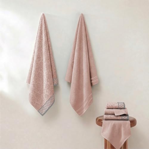 Modern Threads 6 Piece Bath Towel Set – Bathroom Towel Set with 2 Bath Towels, 2 Hand Towels & 2 Washcloths – 100% Cotton, Soft & Absorbent – Diamond Border (Blush)